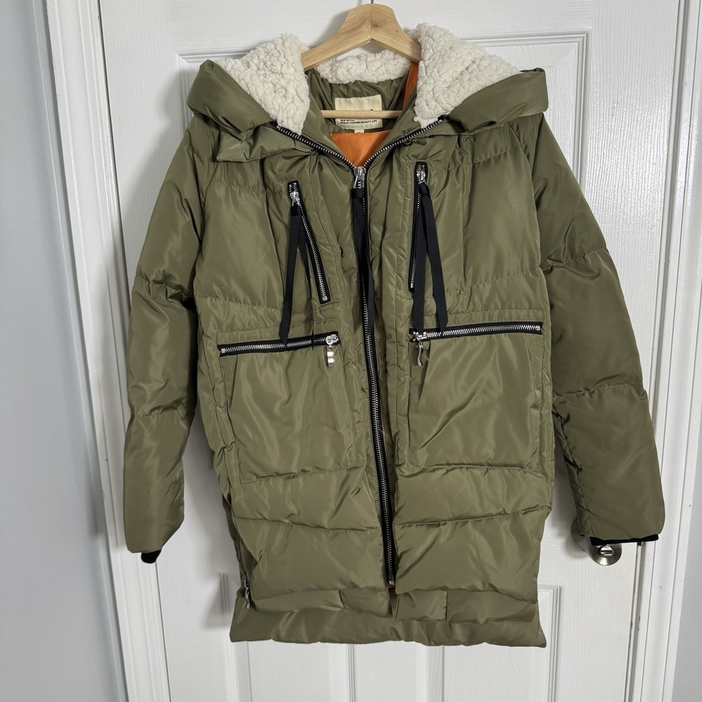 OROLAY Womens XS Olive Green Down Puffer Coat Hooded Sherpa Collar Long Jacket